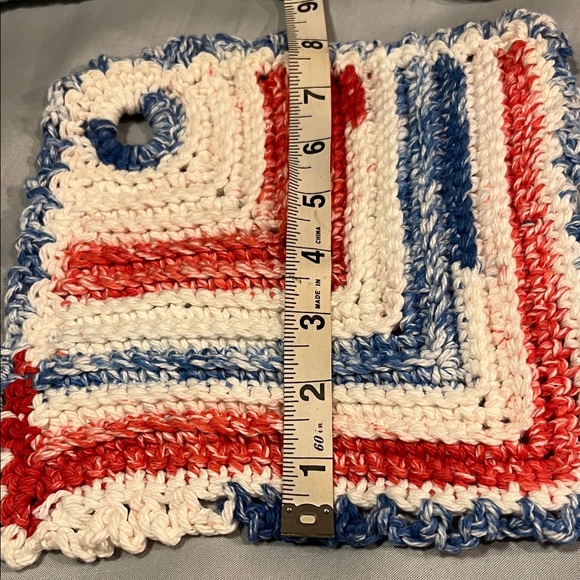 Handmade Crochet Knitted Pot Holders Set of 7 Seven Red, Blue, White - Picture 2 of 8